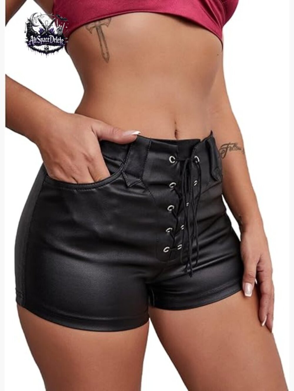 High Waisted Faux Leather Shorts with Drawstring Lace Up Detail